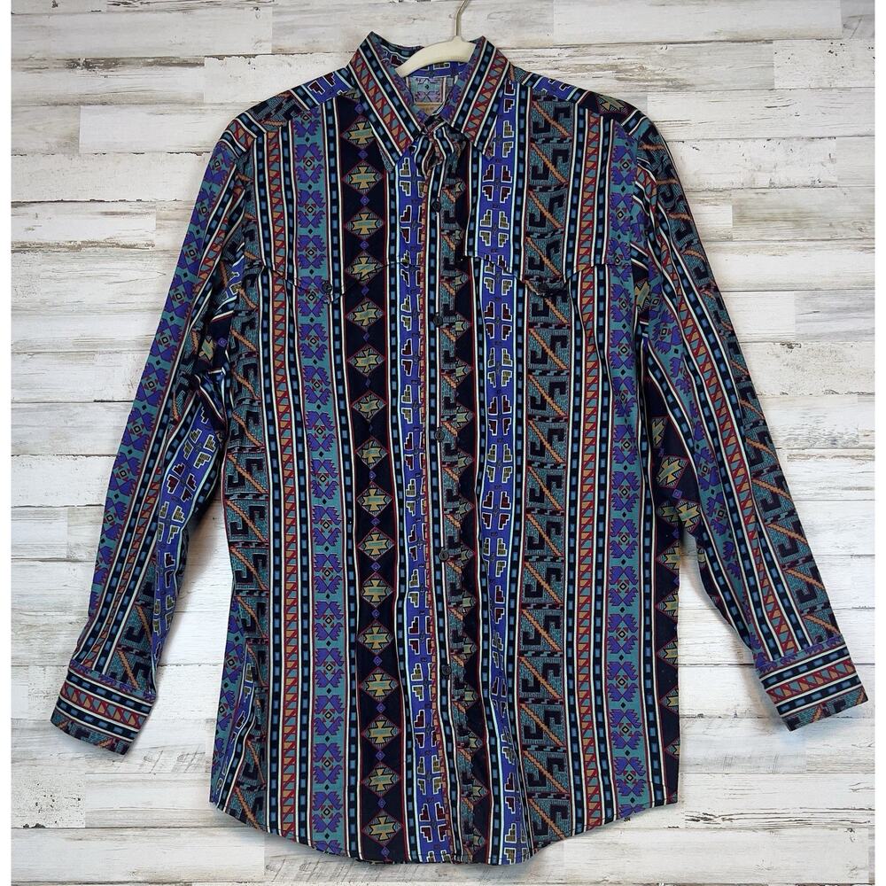 Vintage 90s Steer West Western Aztec Southwest Rodeo Button Shirt Mens Large USA